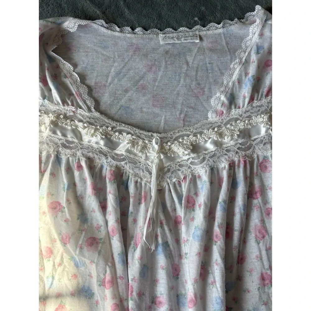 Vintage Miss‎ Elaine Nightgown Floral Lace Cotton Balloon Sleeve Large Flawed